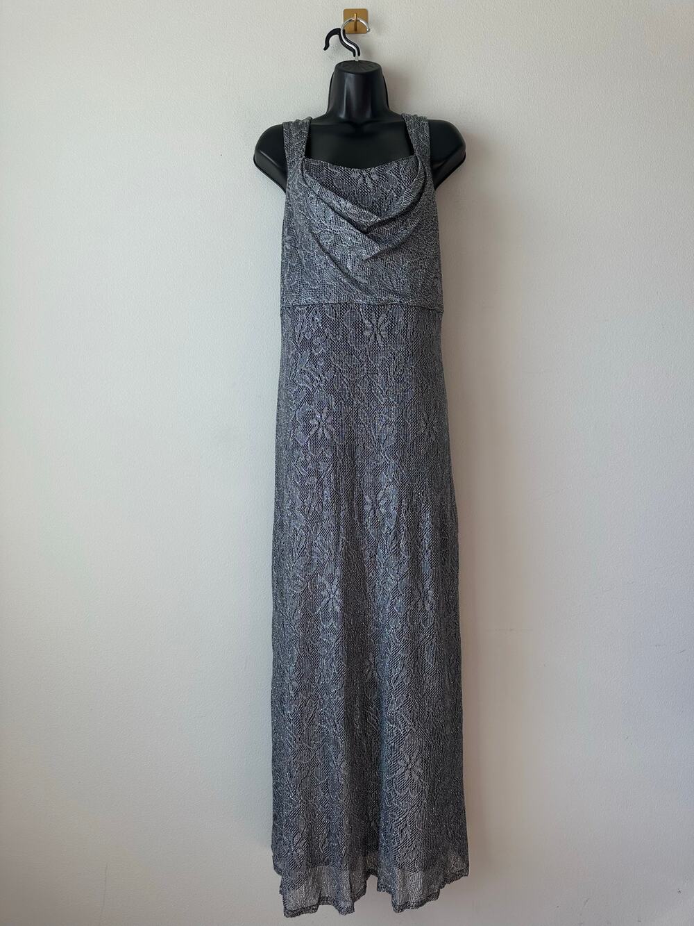 Y2K Metallic Silver Floral Lace Cowl Neck Maxi Dress Formal Plus Size 18 NWT